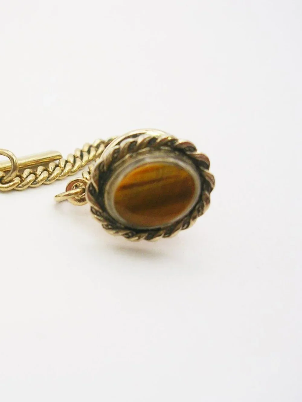 Tie Tack genuine Tiger Eye Gemstone vintage Necktie Pin with Chain Formal Wear